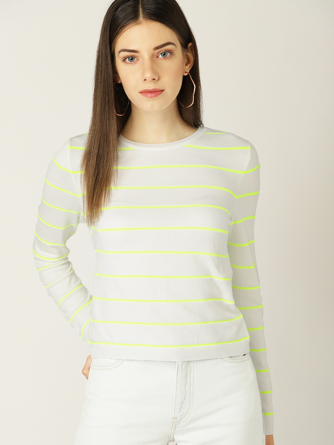

MANGO Women White & Lime Green Striped Round Neck T-shirt