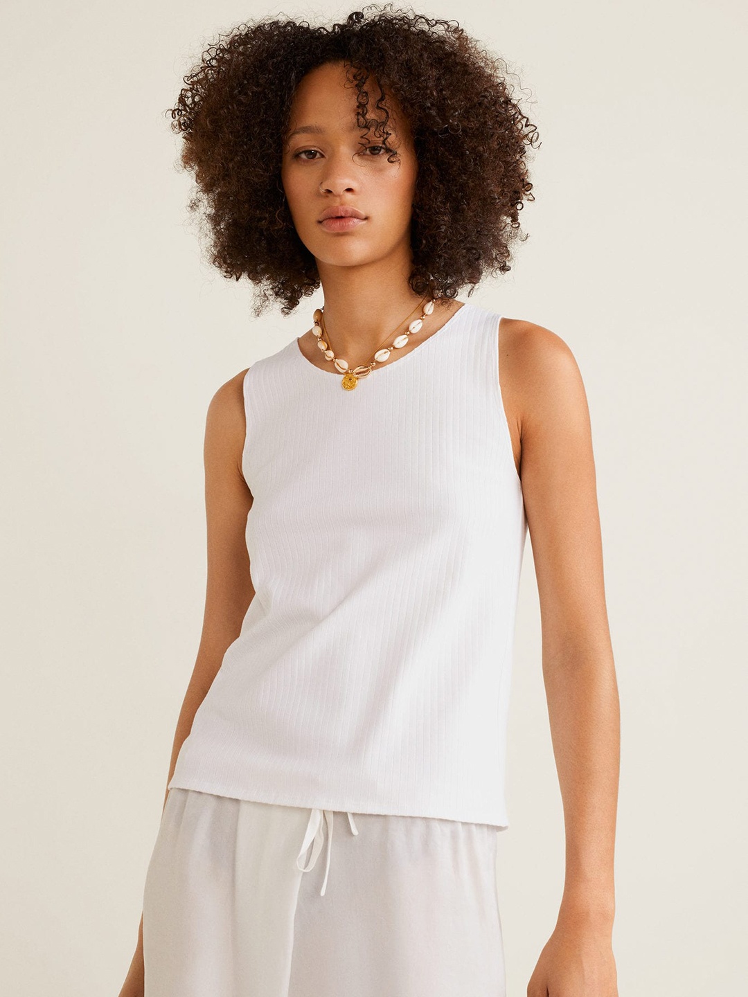 

MANGO Women White Self Striped Top