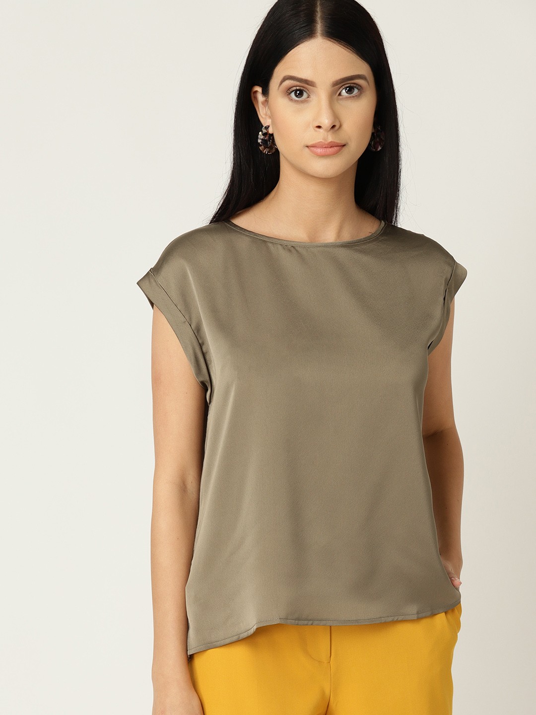 

MANGO Women Olive Green Solid Sheen Effect Top