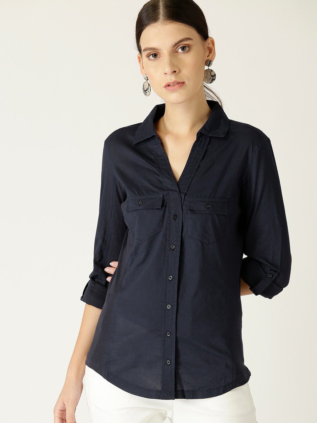 

MANGO Women Navy Blue Regular Fit Solid Casual Shirt