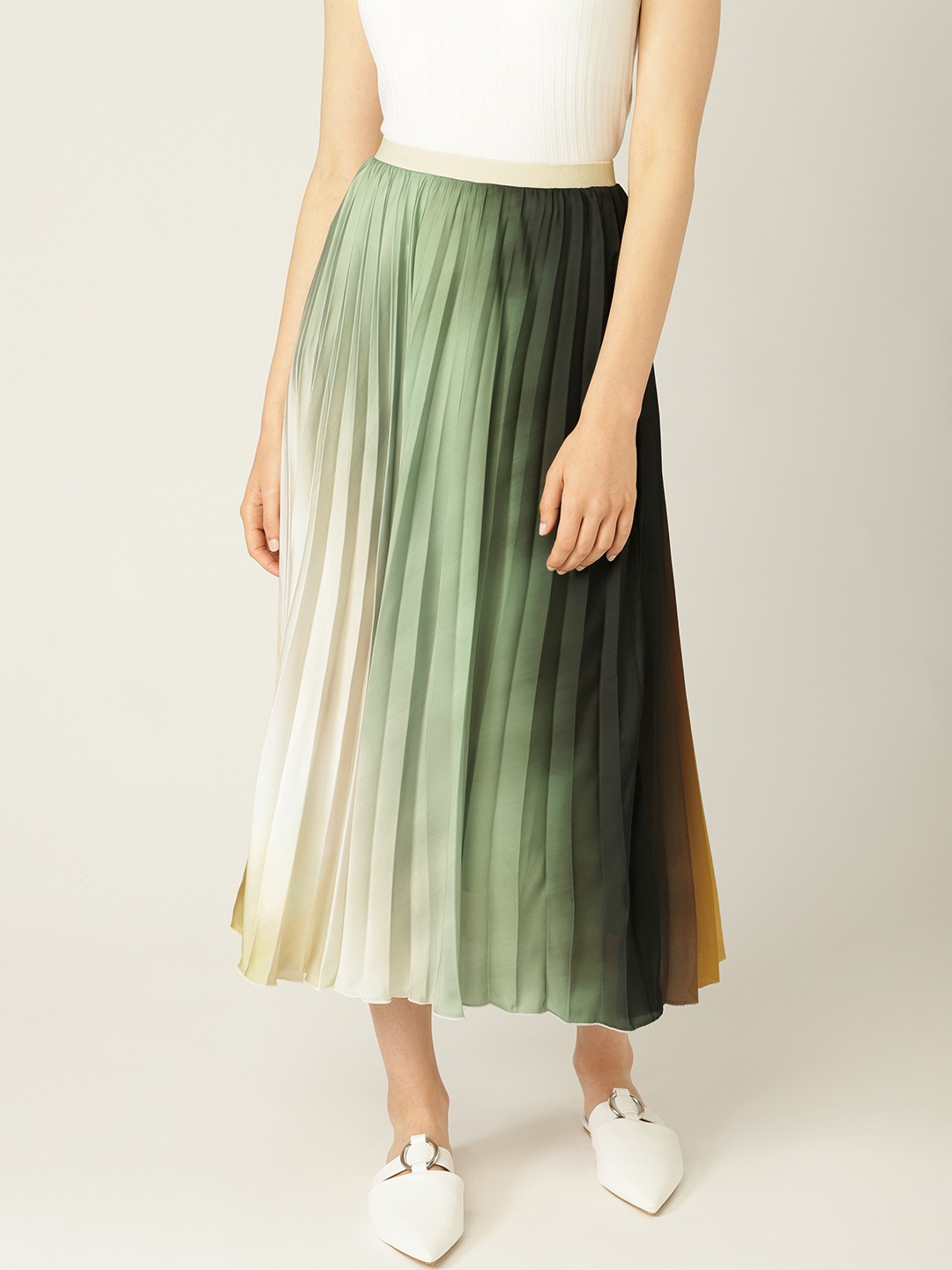 

MANGO Women Green & Mustard Yellow Dyed Accordion Pleats A-line Skirt