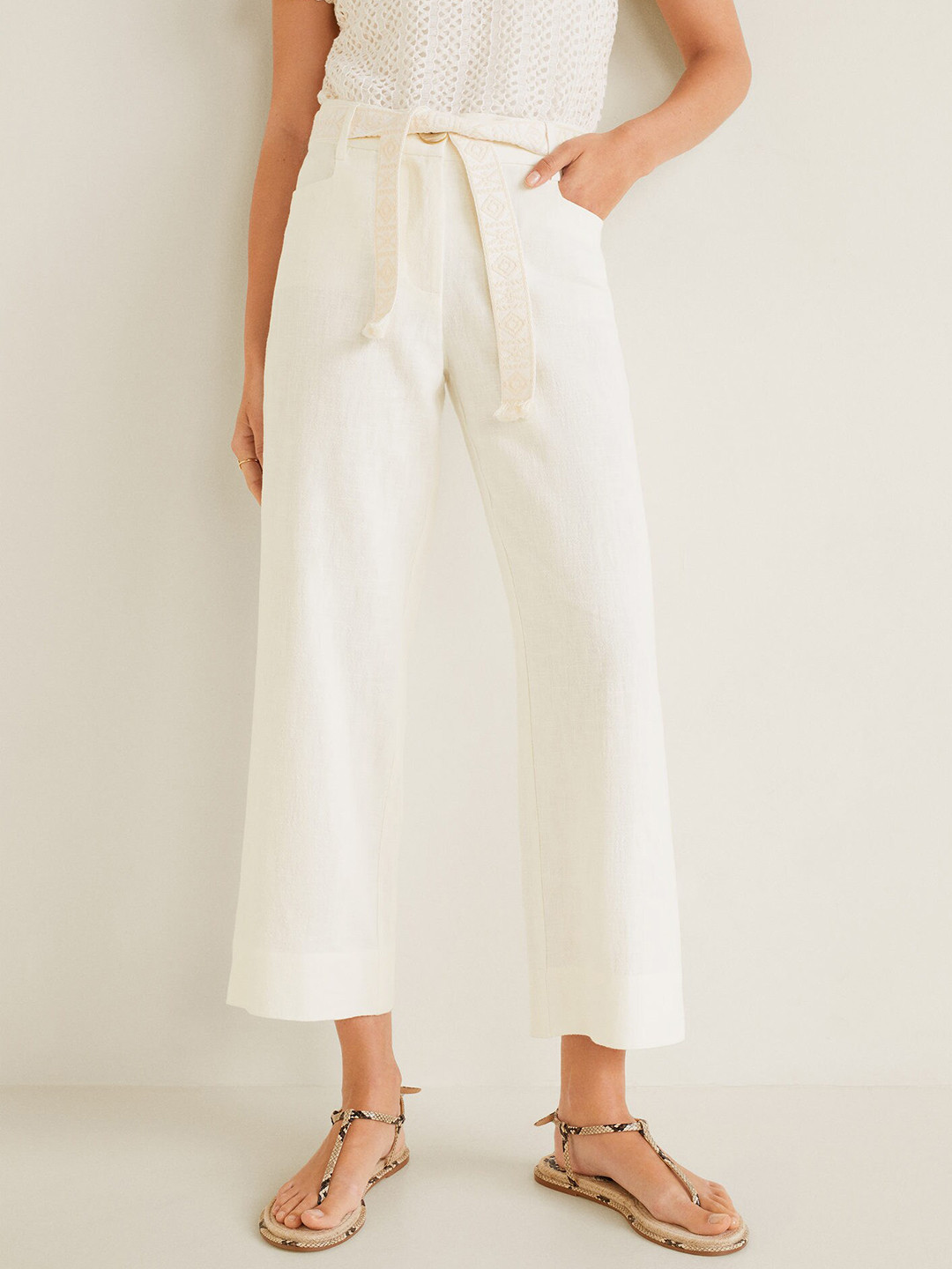 

MANGO Women Off-White Solid Cropped Trousers