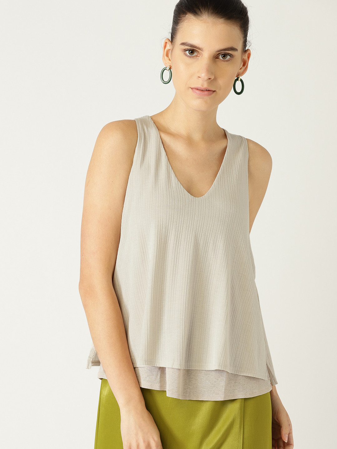 

MANGO Women Grey Striped A-Line Top