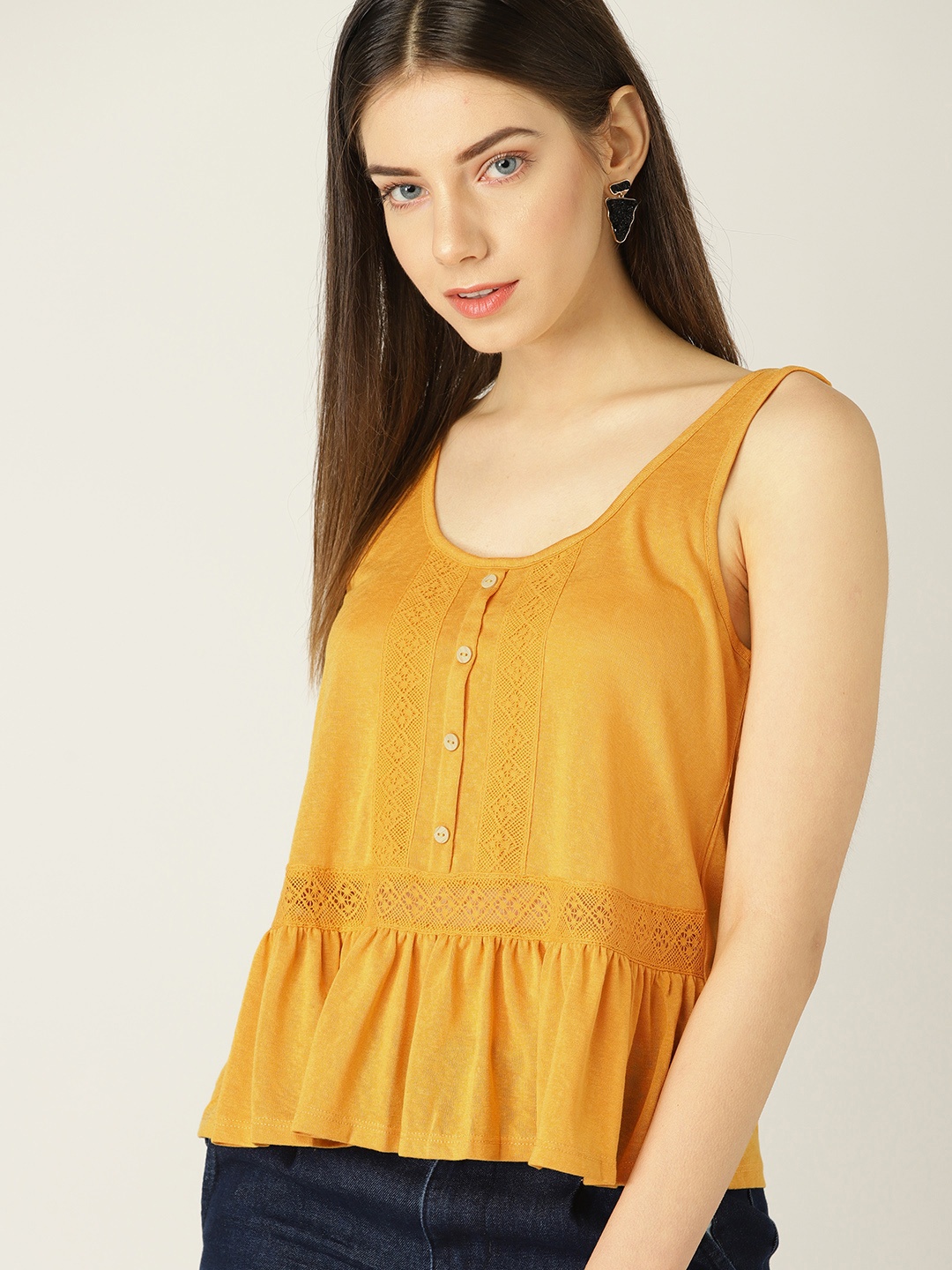 

MANGO Women Mustard Yellow Solid A-Line Top