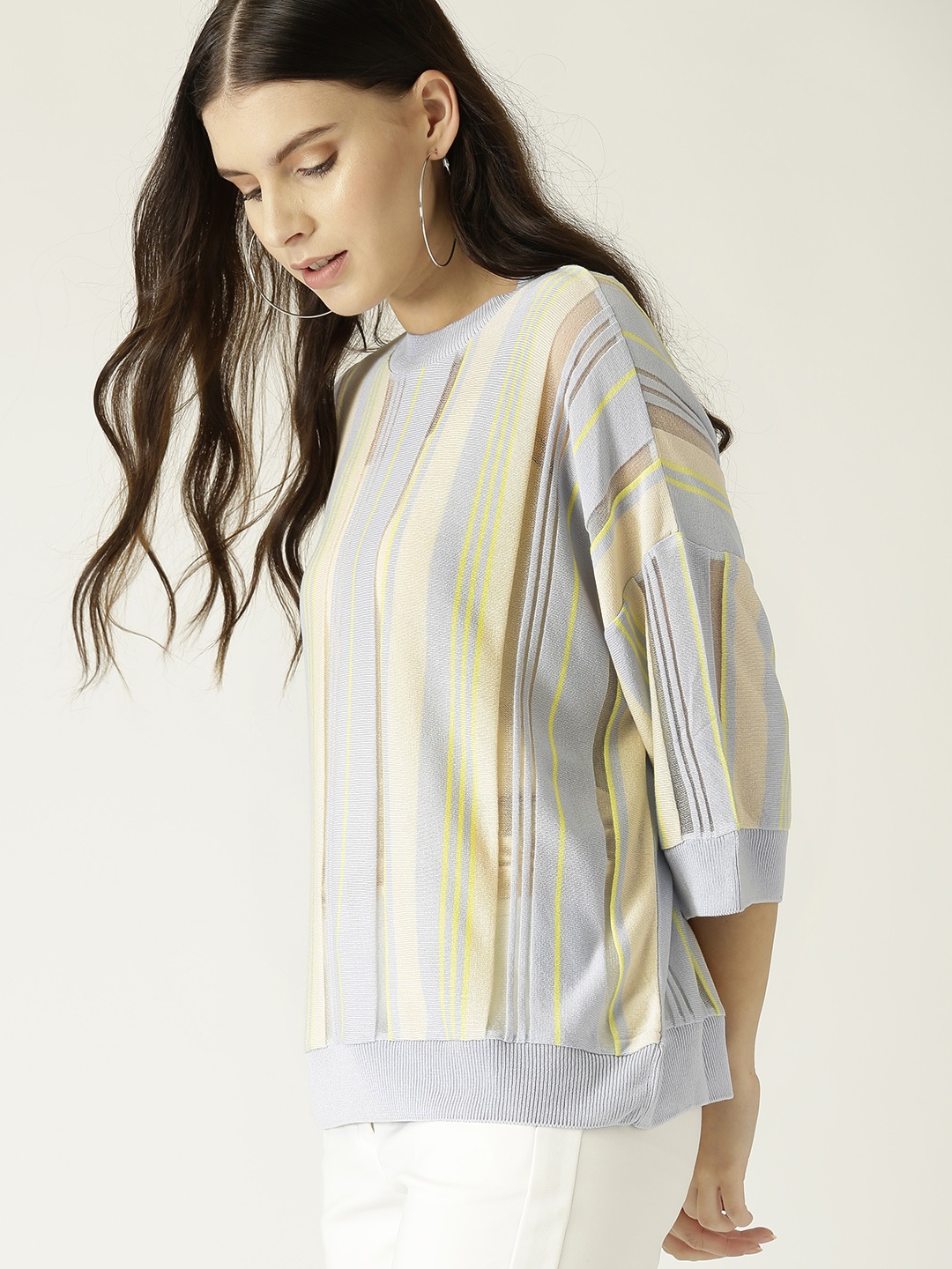

MANGO Women Blue & Beige Semi Sheer Candy Striped Boxy Top