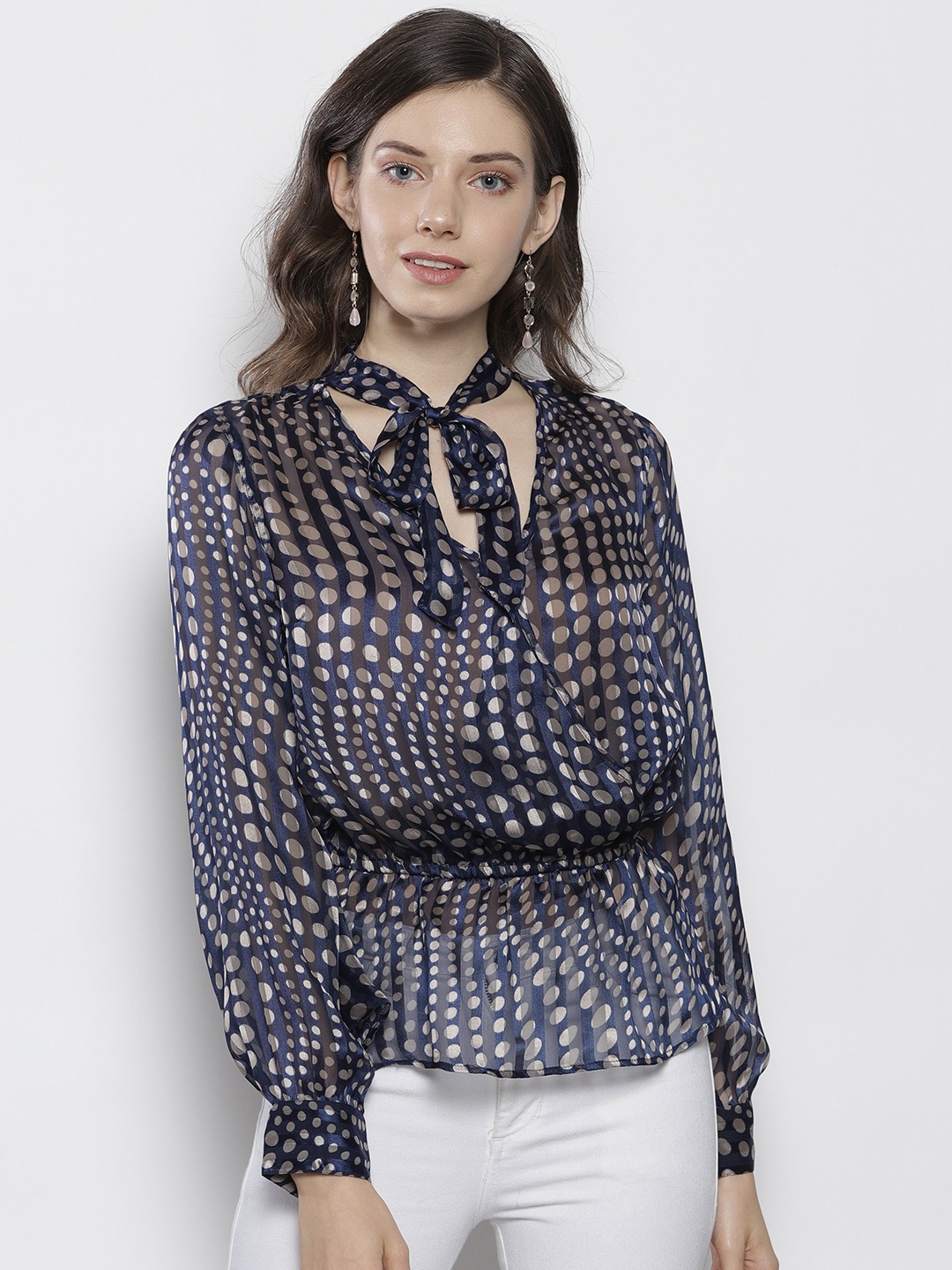 

DOROTHY PERKINS Women Navy Blue & Beige Printed Semi-Sheer Wrap Top
