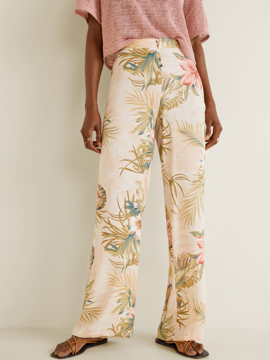 

MANGO Women Beige & Green Straight Fit Tropical Printed Parallel Trousers