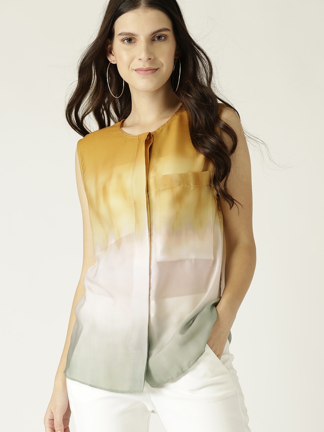 

MANGO Women Mustard Yellow & Off-White Semi Sheer Dyed Shirt Style Top