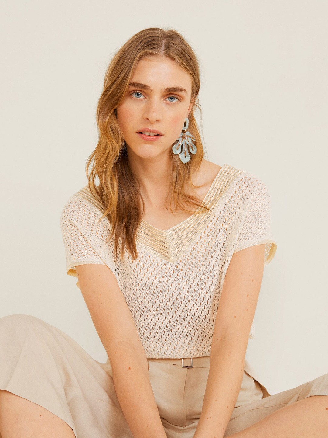 

MANGO Women Beige Self Design Sheer Top