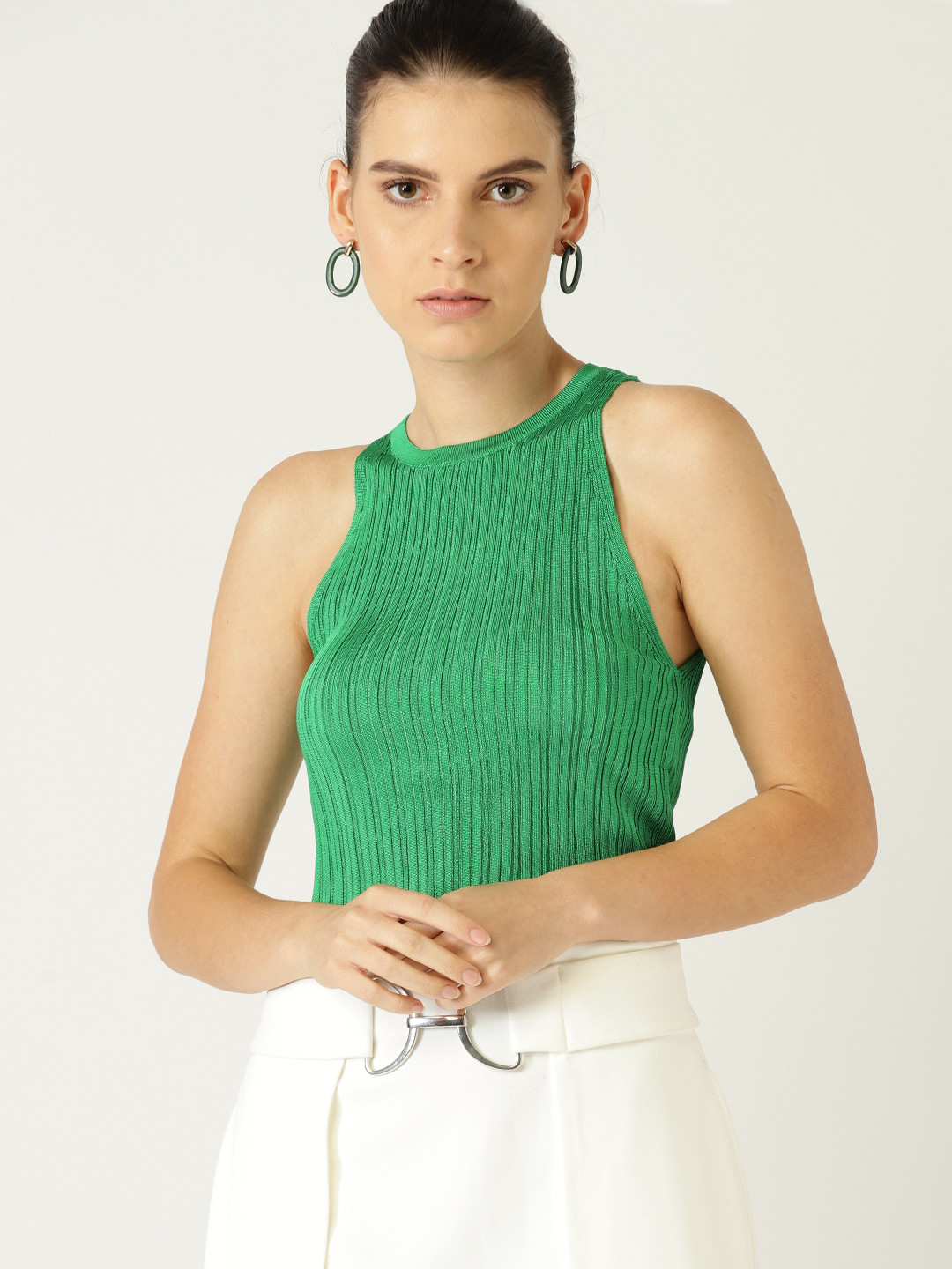 

MANGO Women Green Striped Fitted Top