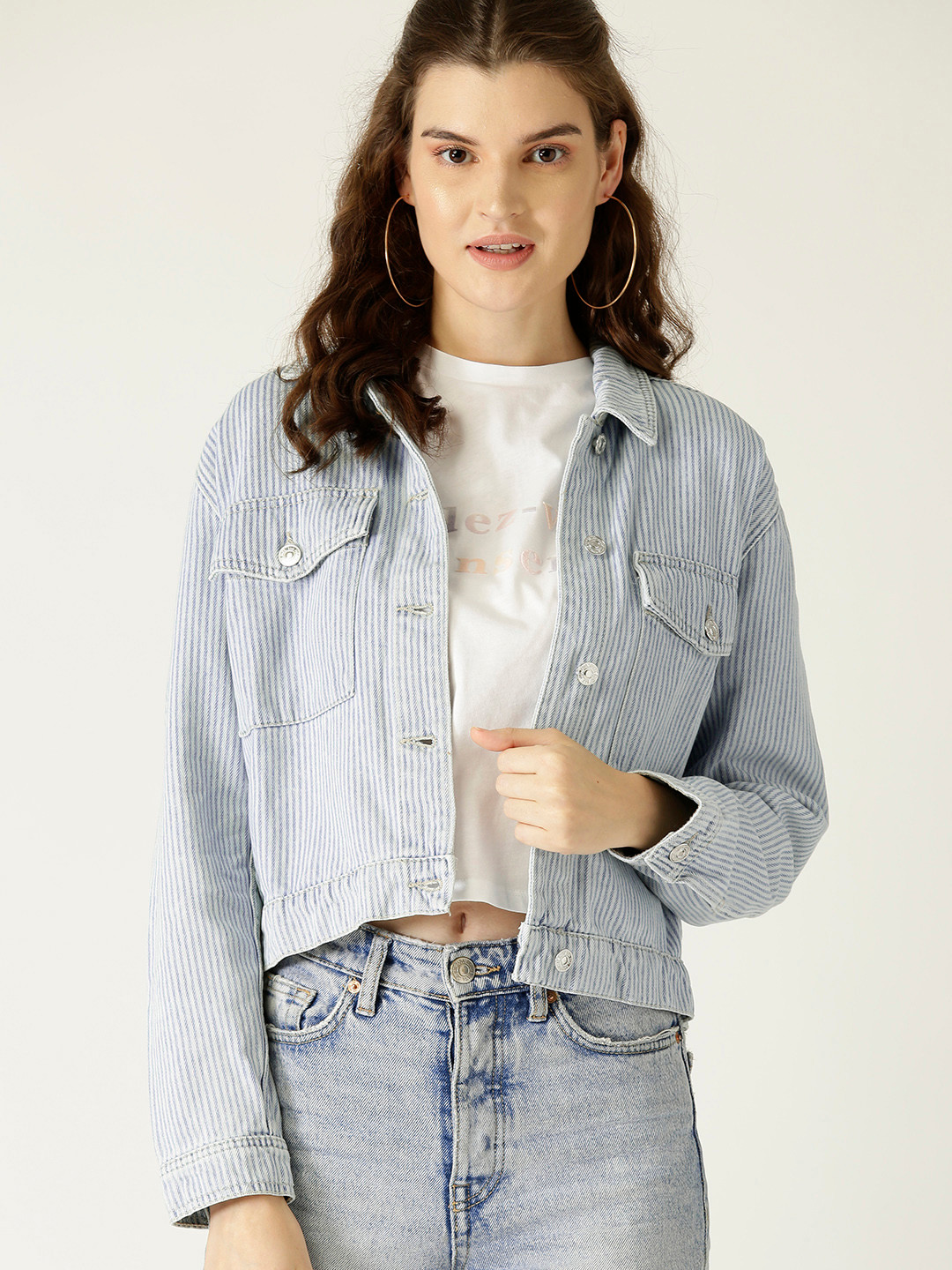 

MANGO Women Blue Striped Denim Jacket