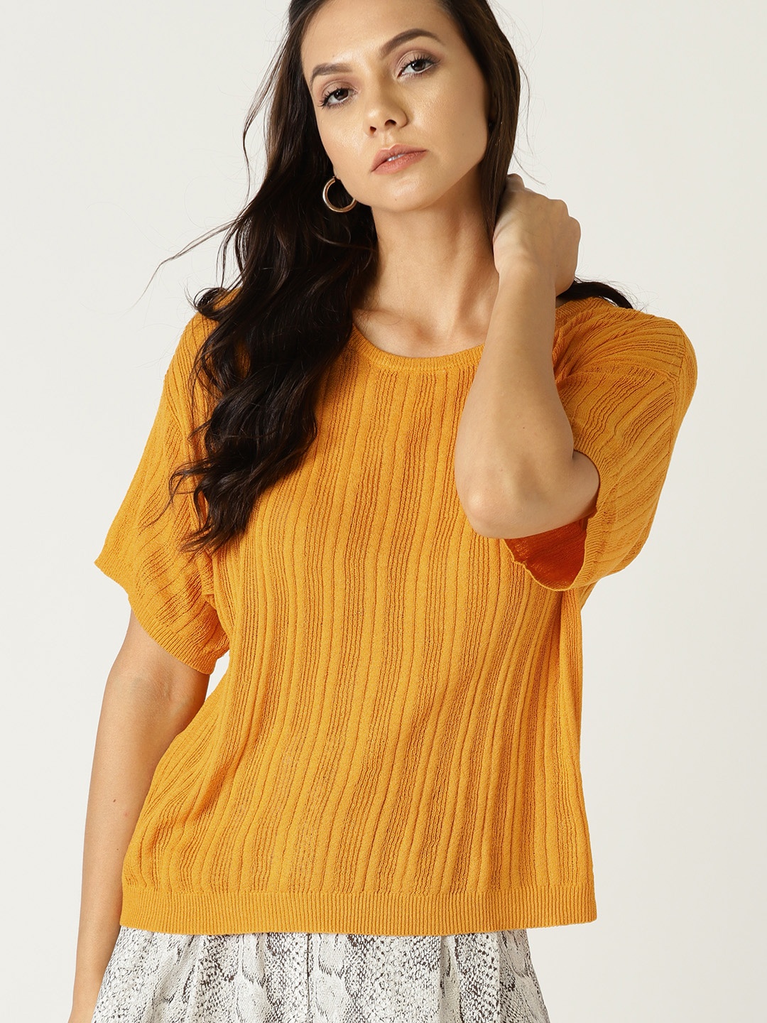 

MANGO Women Mustard Yellow Self-Striped Top