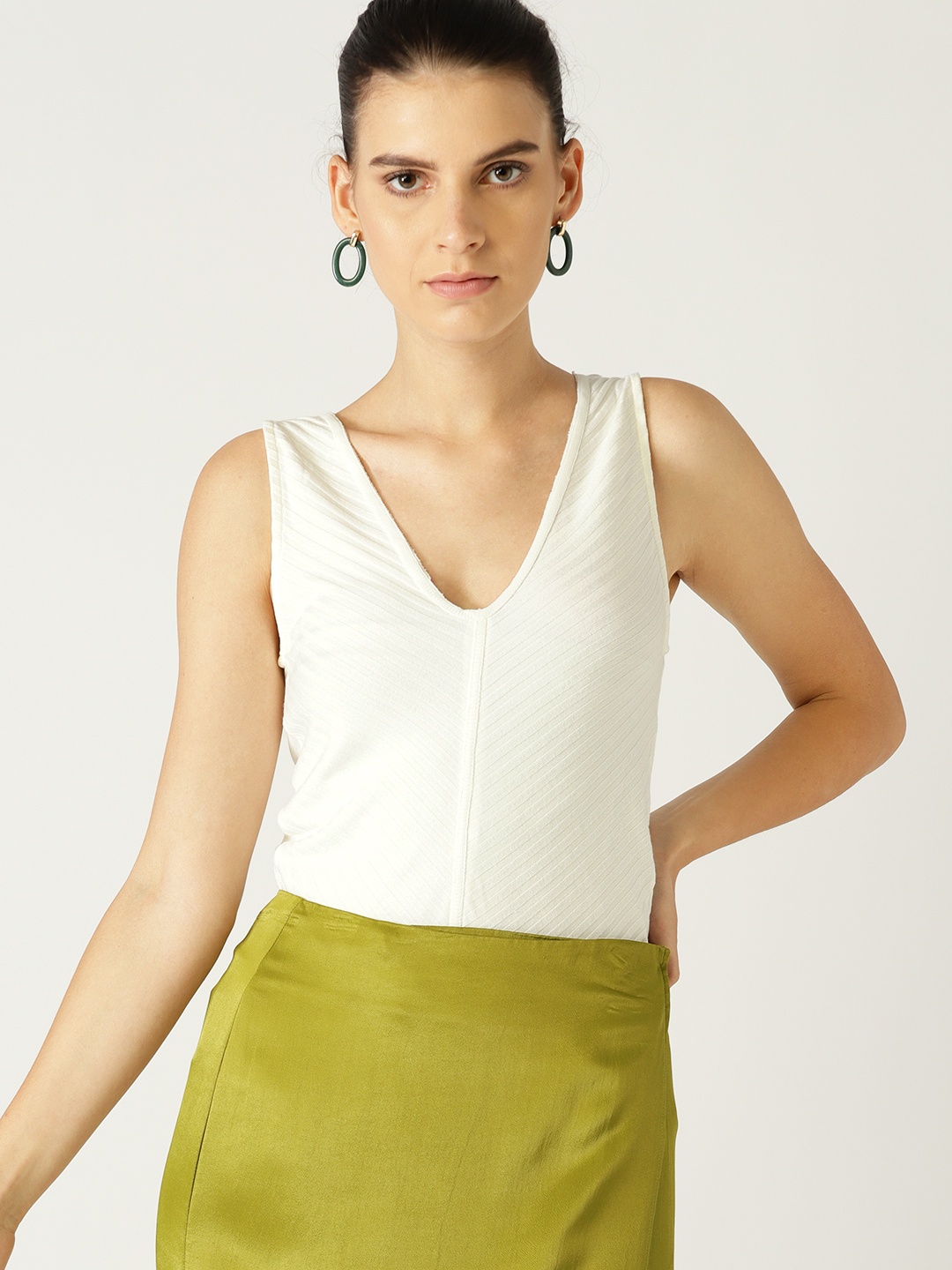 

MANGO Women White Striped Fitted Top, Off white