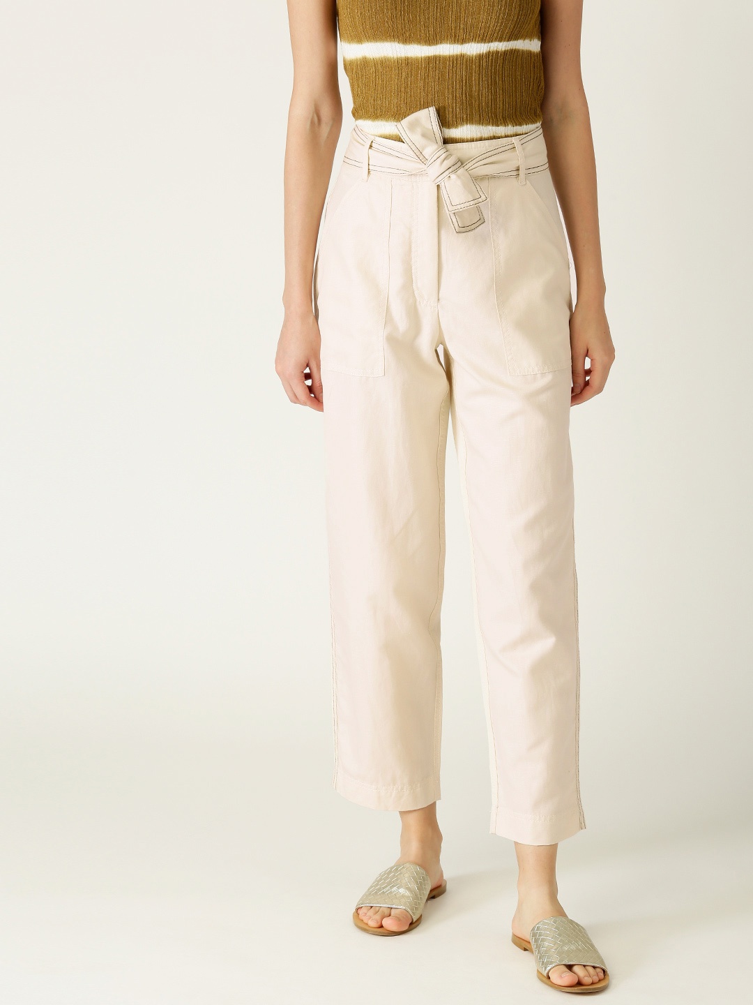 

MANGO Women Cream-Coloured Regular Fit Solid Trousers