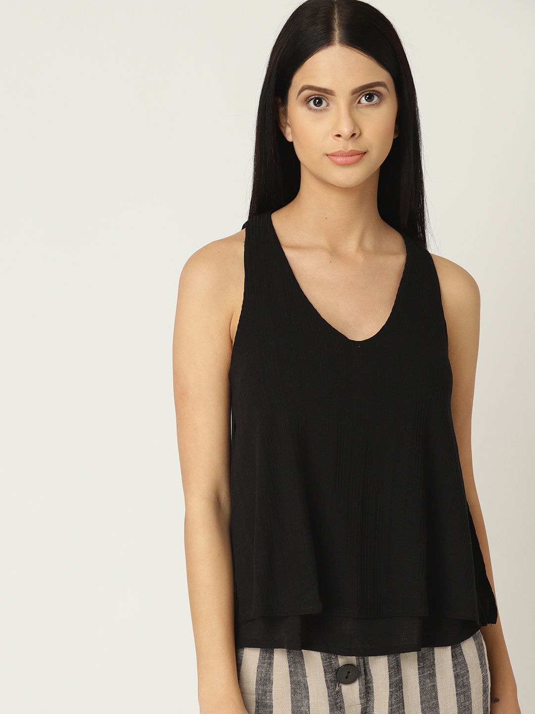 

MANGO Women Black Ribbed A-Line Layered Top