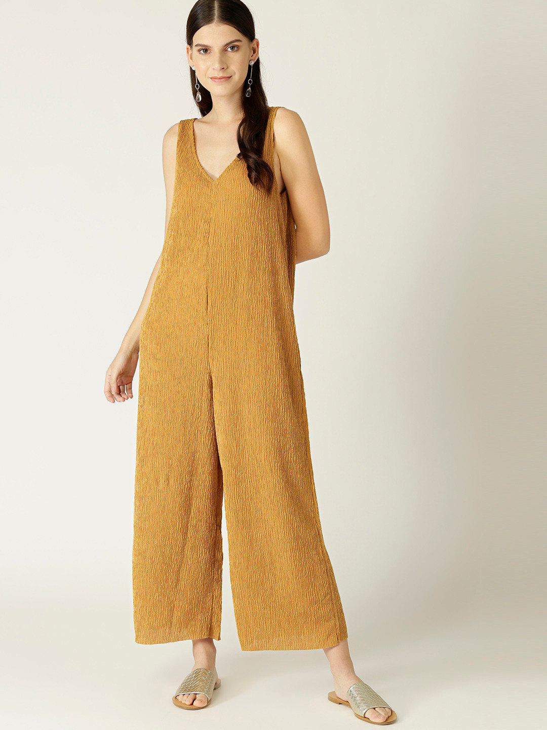 

MANGO Women Mustard Yellow Self Design Basic Jumpsuit