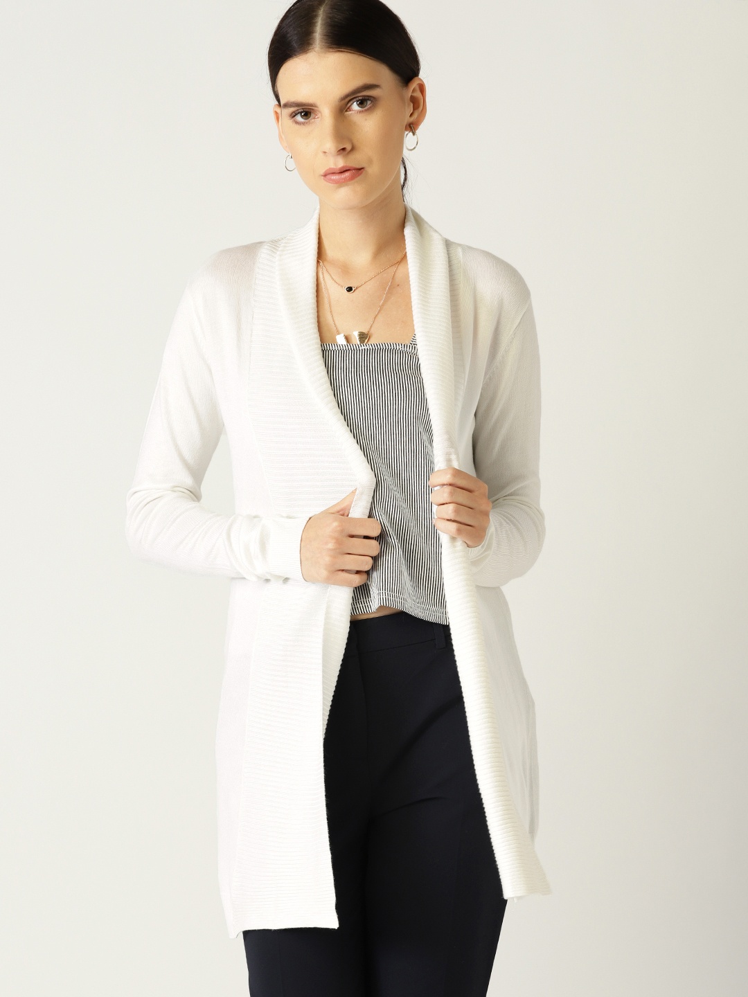 

MANGO Women Off-White Solid Front-Open Sweater