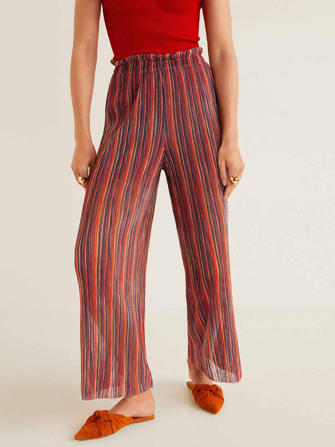 

MANGO Women Red & Blue Regular Fit Striped Parallel Trousers