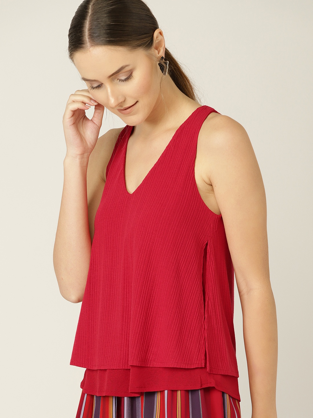 

MANGO Women Red Self-Striped A-Line Layered Top