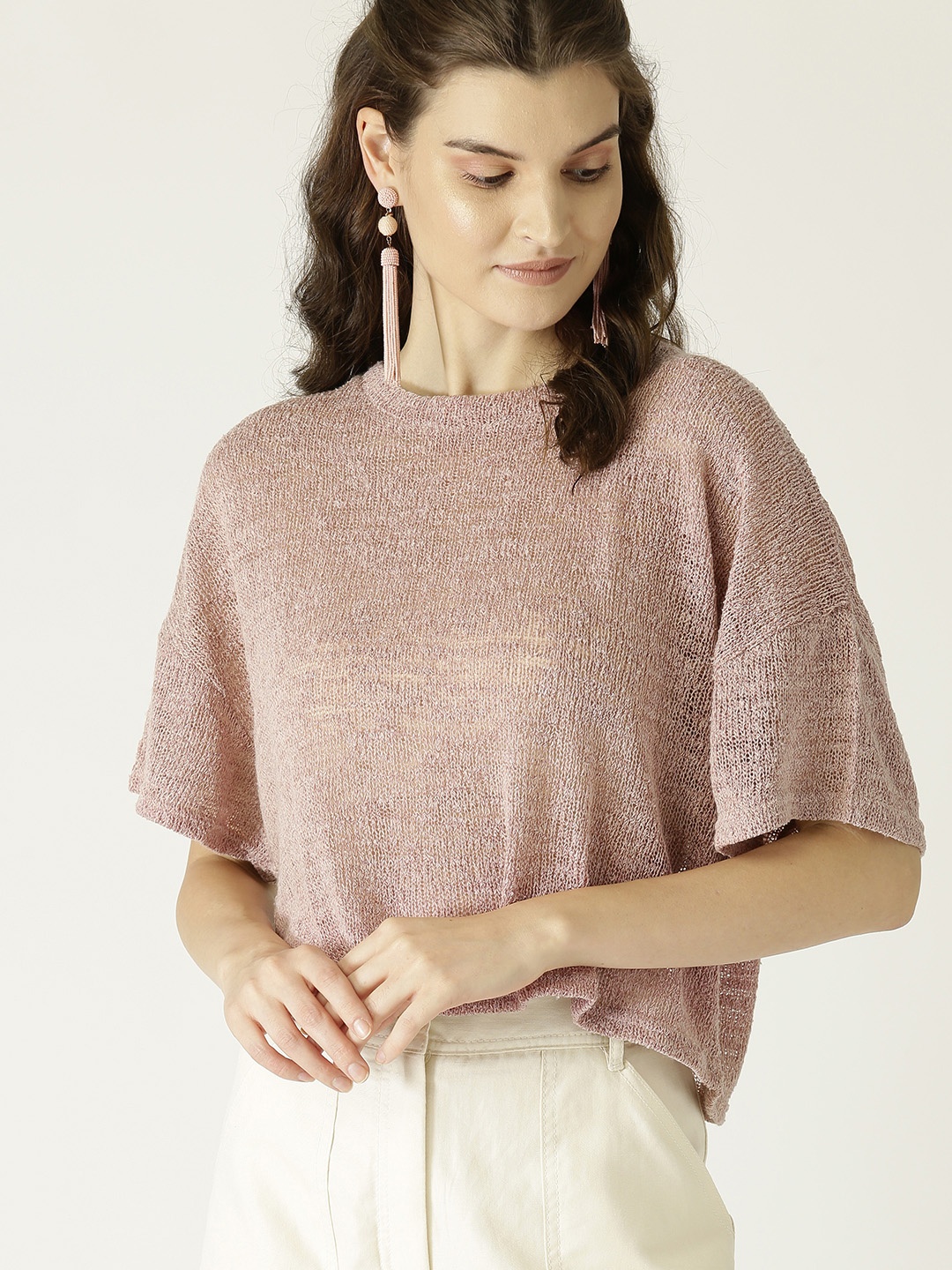 

MANGO Women Dusty Pink Semi Sheer Solid Boxy Top