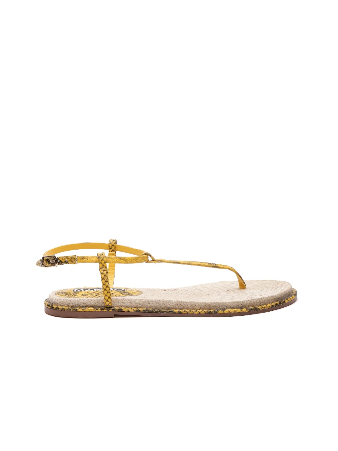 

MANGO Women Mustard Yellow Snakeskin Textured T-Strap Flats