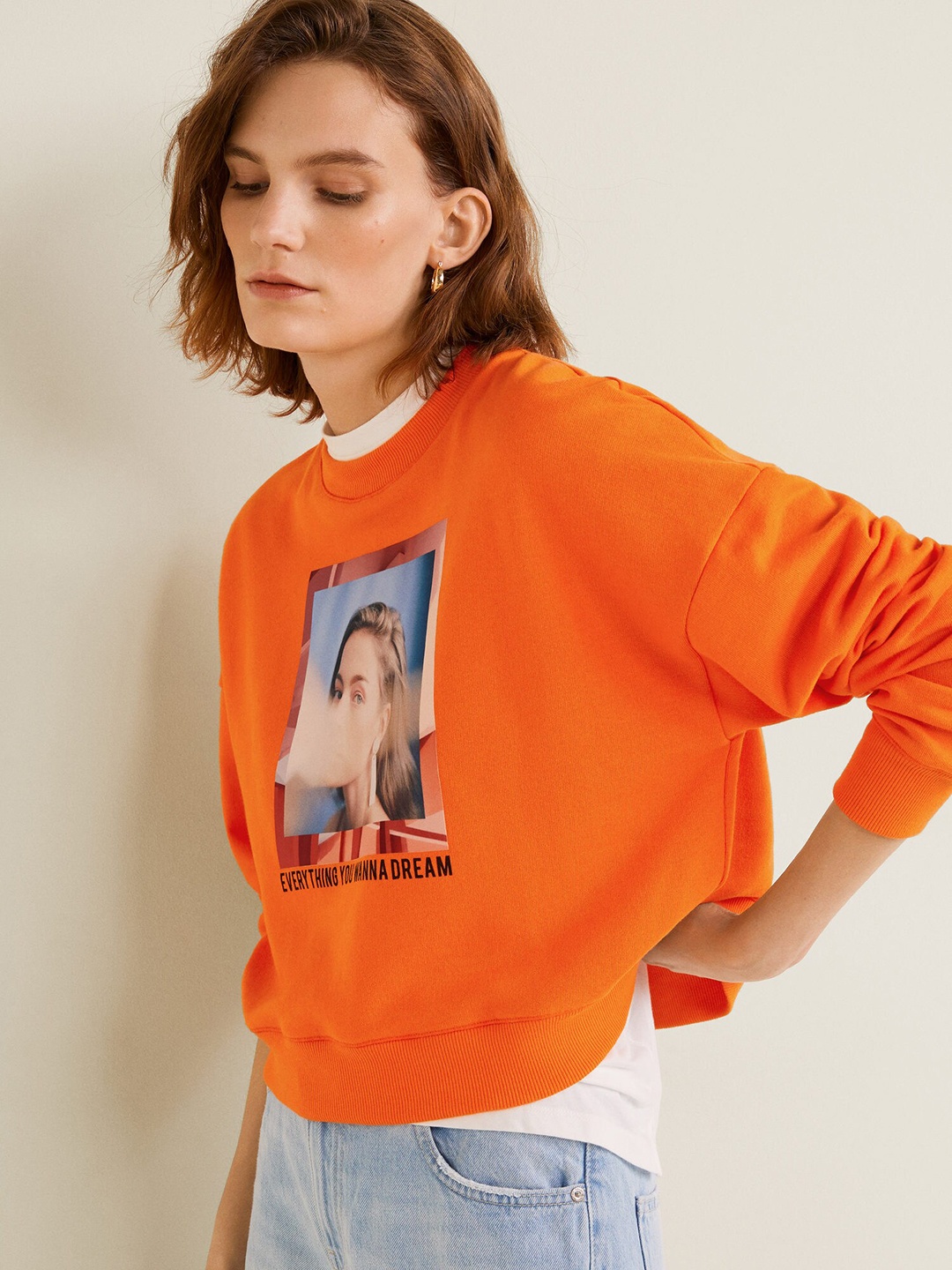 

MANGO Women Orange Printed Cropped Sweatshirt