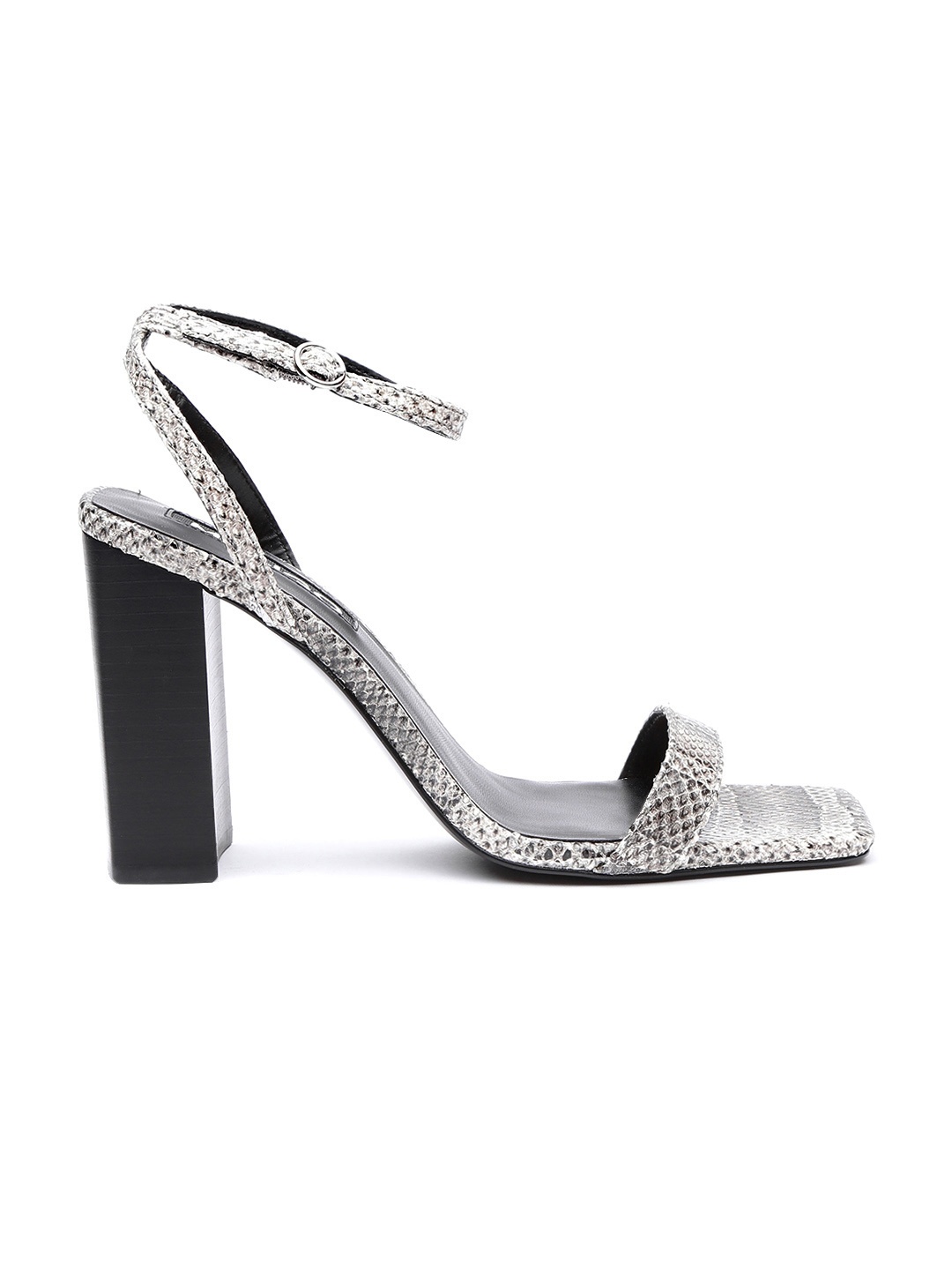 

MANGO Women Black & Grey Leather Snakeskin Textured Block Heels