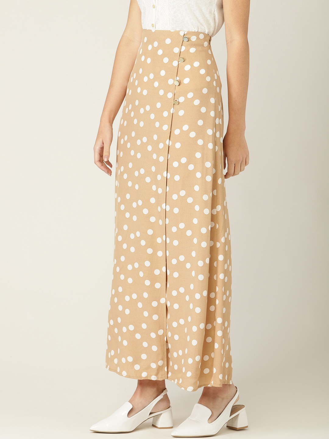 

MANGO Women Beige & White Polka Dot Print Maxi A-line Skirt