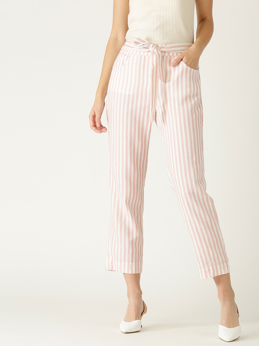 

MANGO Women Pink & Off-White Regular Fit Striped Cropped Trousers