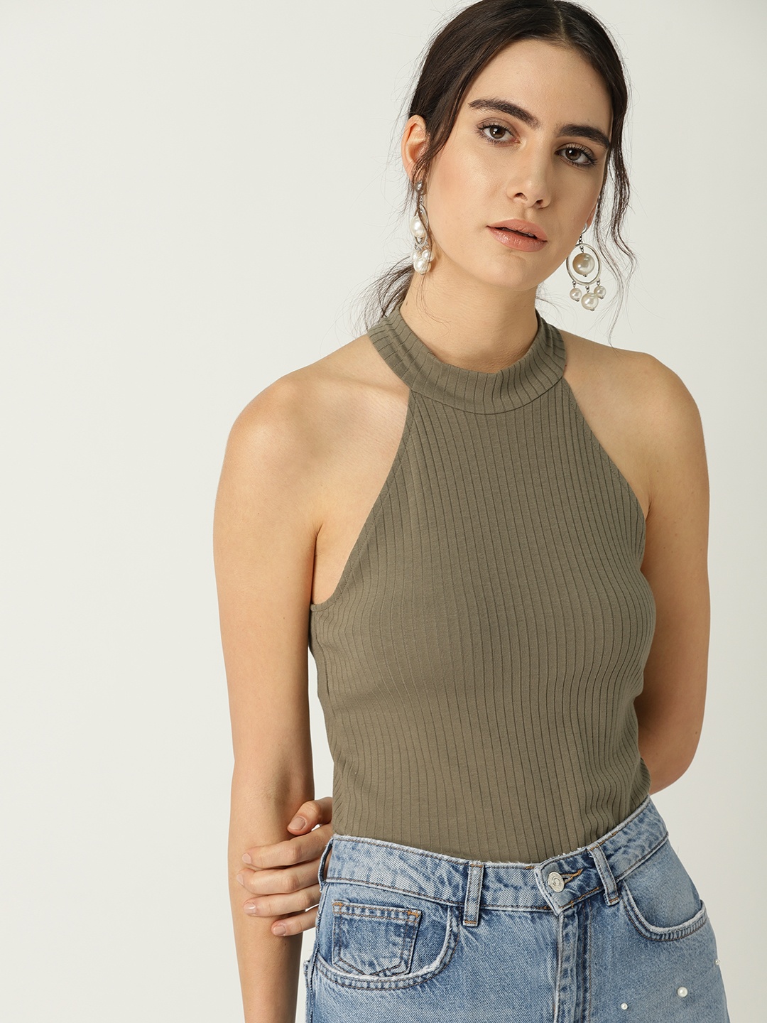 

MANGO Women Olive Green Self-Striped Fitted Top