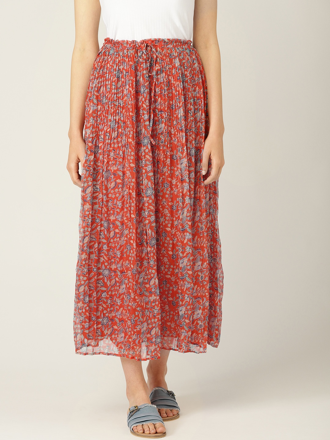 

MANGO Women Rust Red & Blue Printed Accordion Pleats A-line Skirt