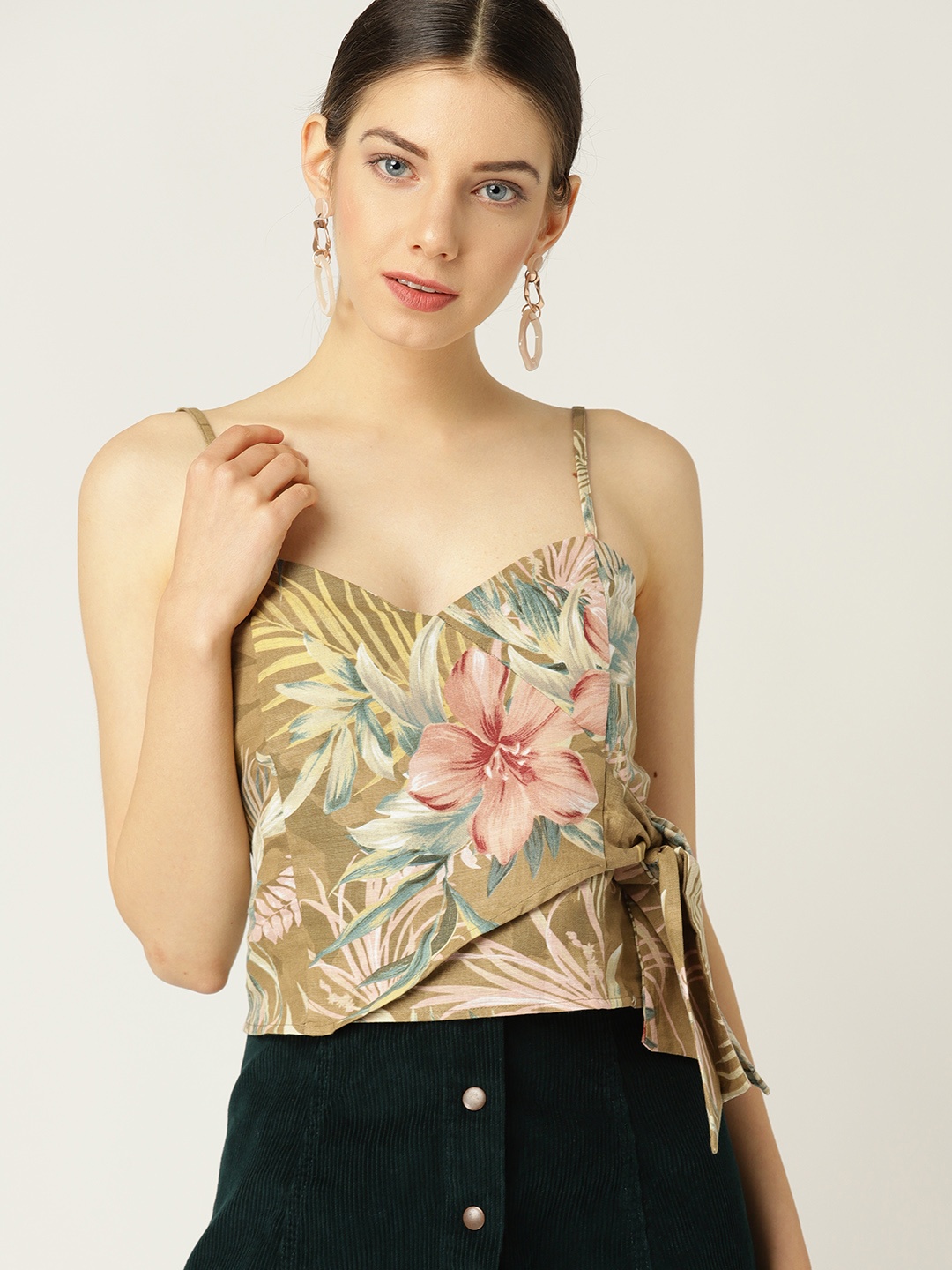 

MANGO Women Olive Green Printed Crop Wrap Top