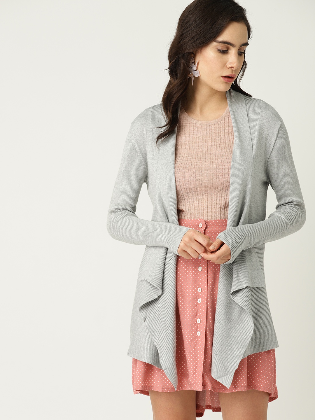 

MANGO Women Grey Solid Open-Front Sweater