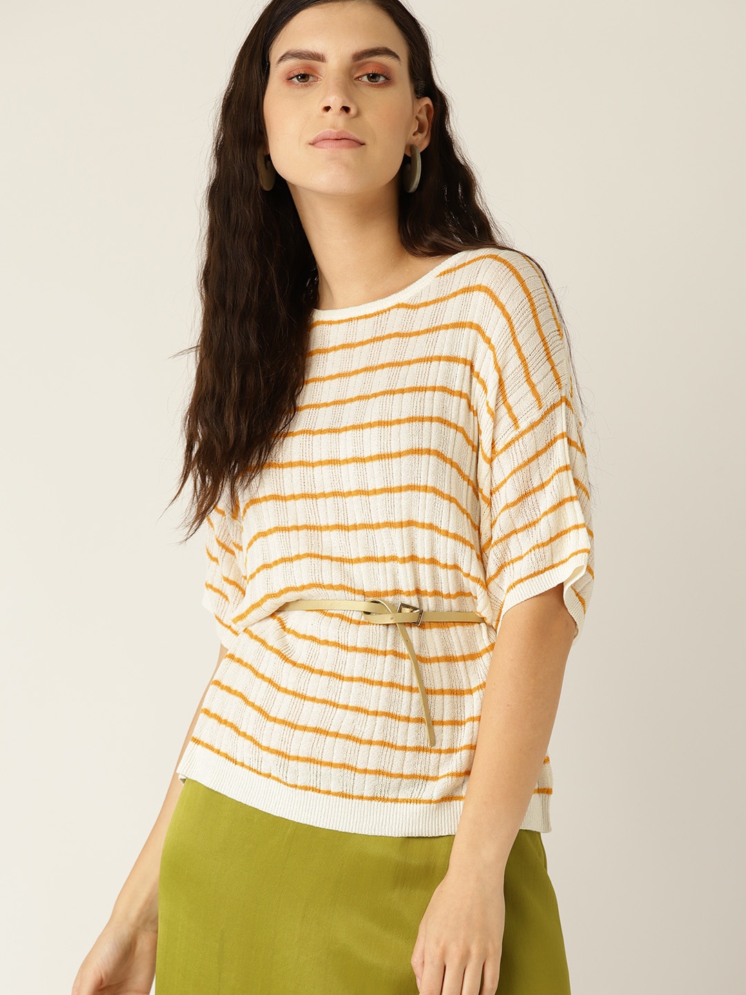 

MANGO Women Off-White & Mustard Yellow Striped Top