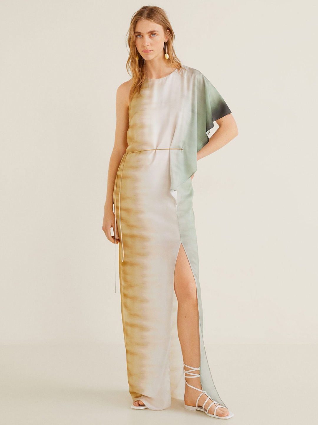 

MANGO Women Off-White & Mustard Yellow Dyed One-Shoulder Maxi Dress