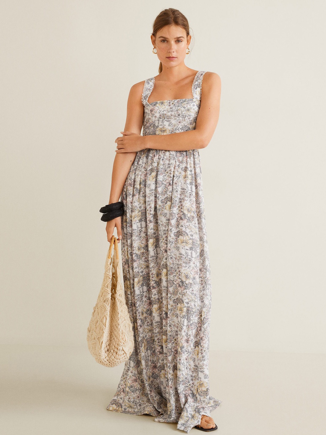 

MANGO Women White & Grey Printed Maxi Dress