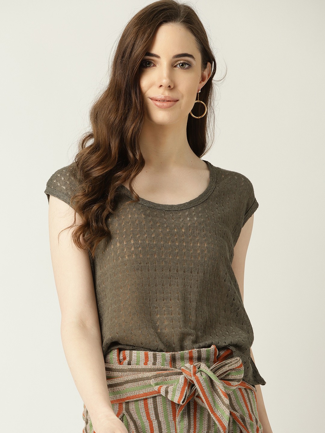 

MANGO Women Olive Green Self Design Semi-Sheer Top