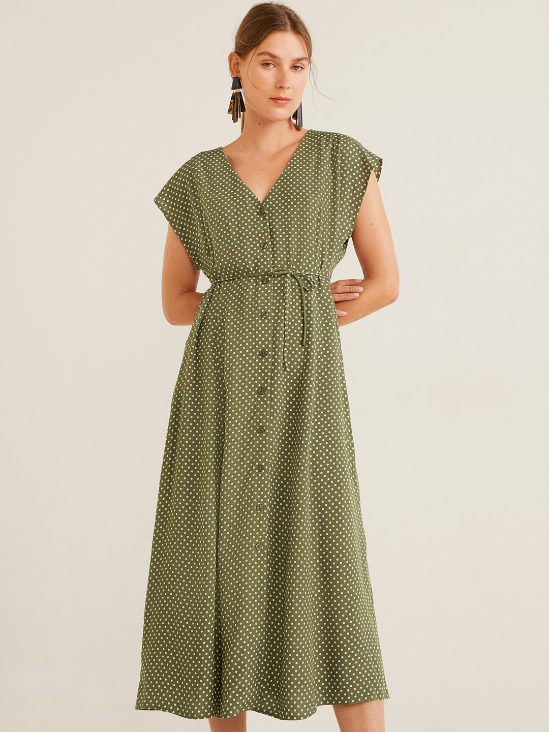 

MANGO Women Olive Green & White Printed A-Line Dress