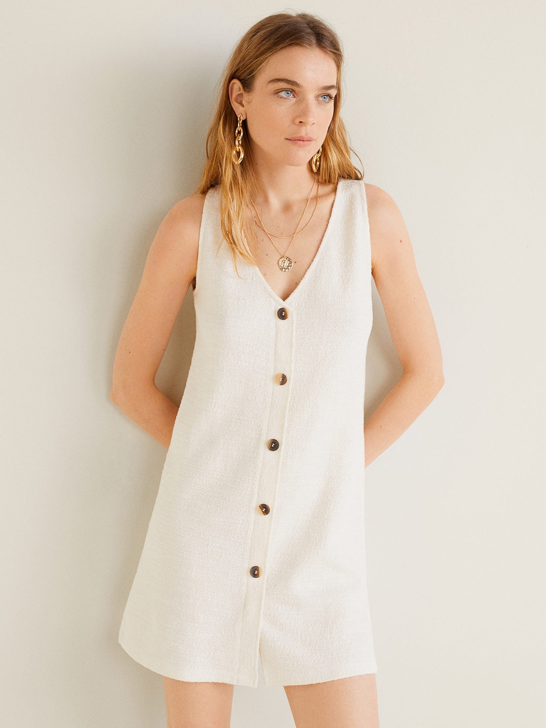 

MANGO Women Off-White Solid Mini A-Line Dress