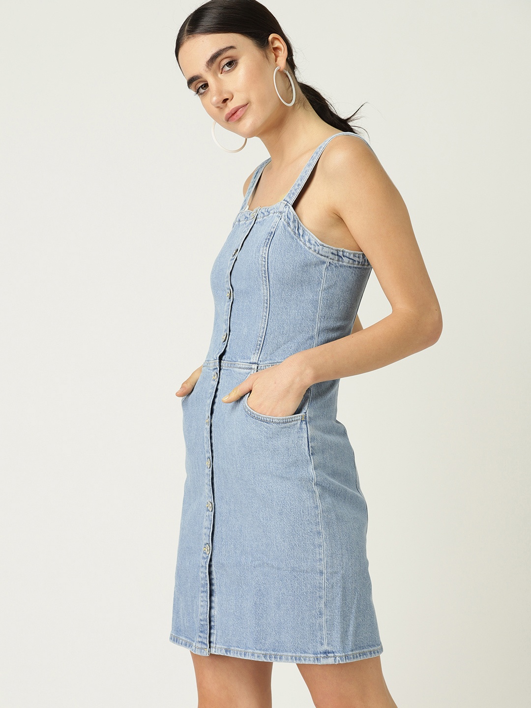 

MANGO Women Blue Solid Denim Pinafore Dress