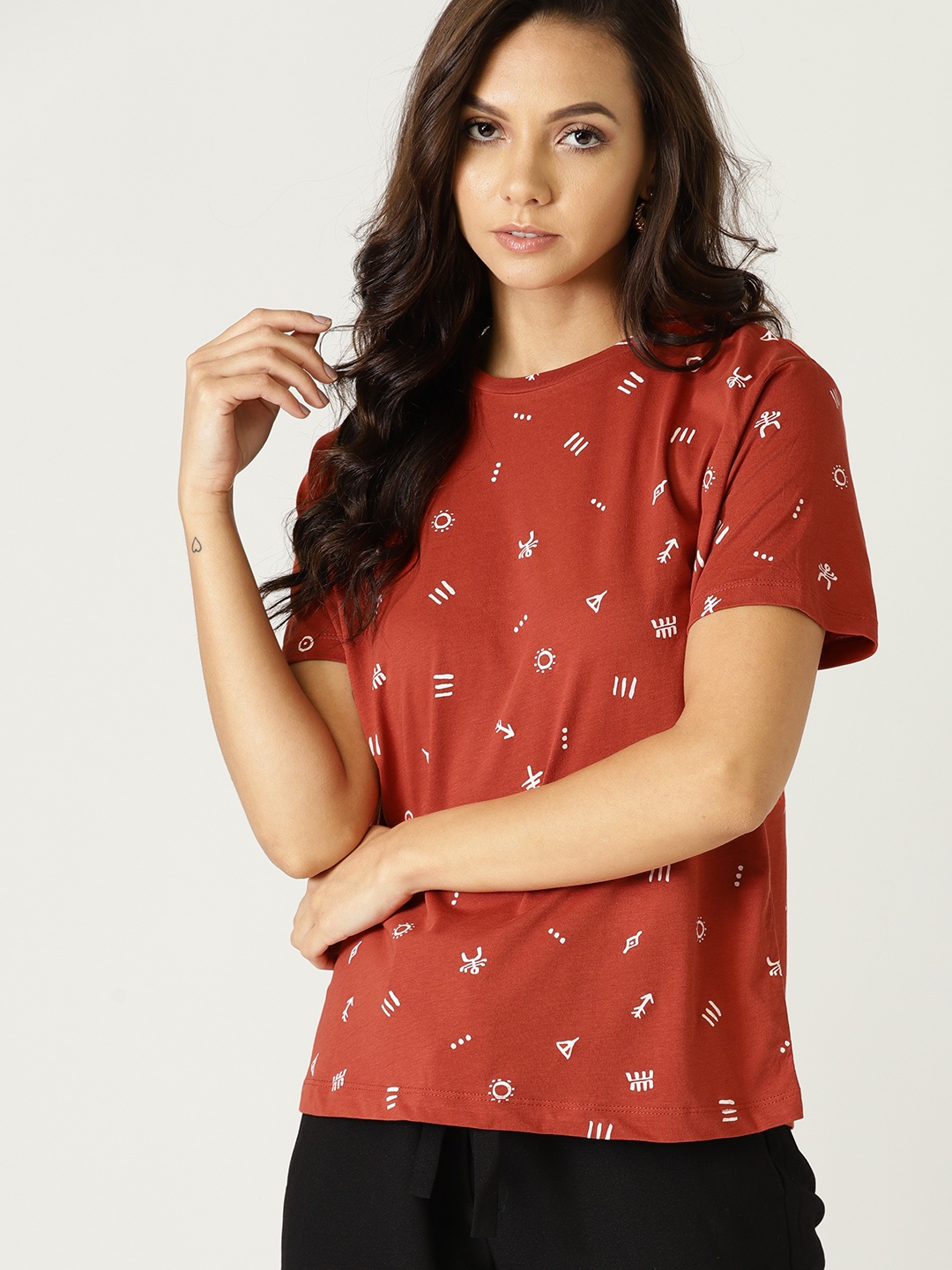 

MANGO Women Rust Orange Printed Round Neck T-shirt
