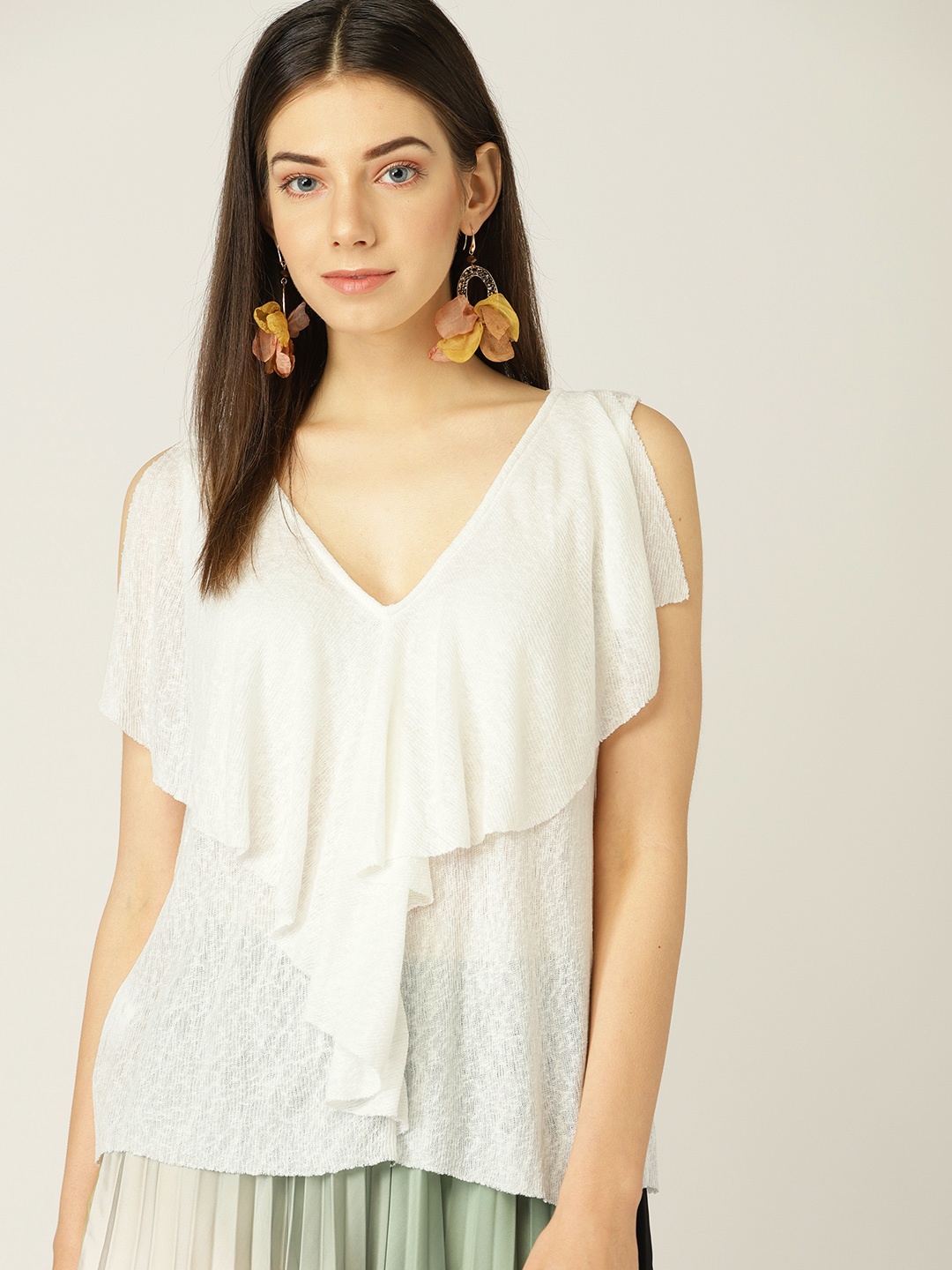 

MANGO Women Off-White Solid Layered Semi-Sheer Top