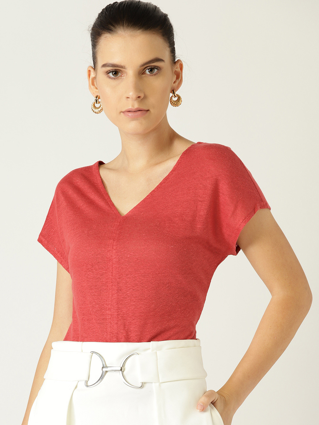 

MANGO Women Red Solid V-Neck Linen T-shirt