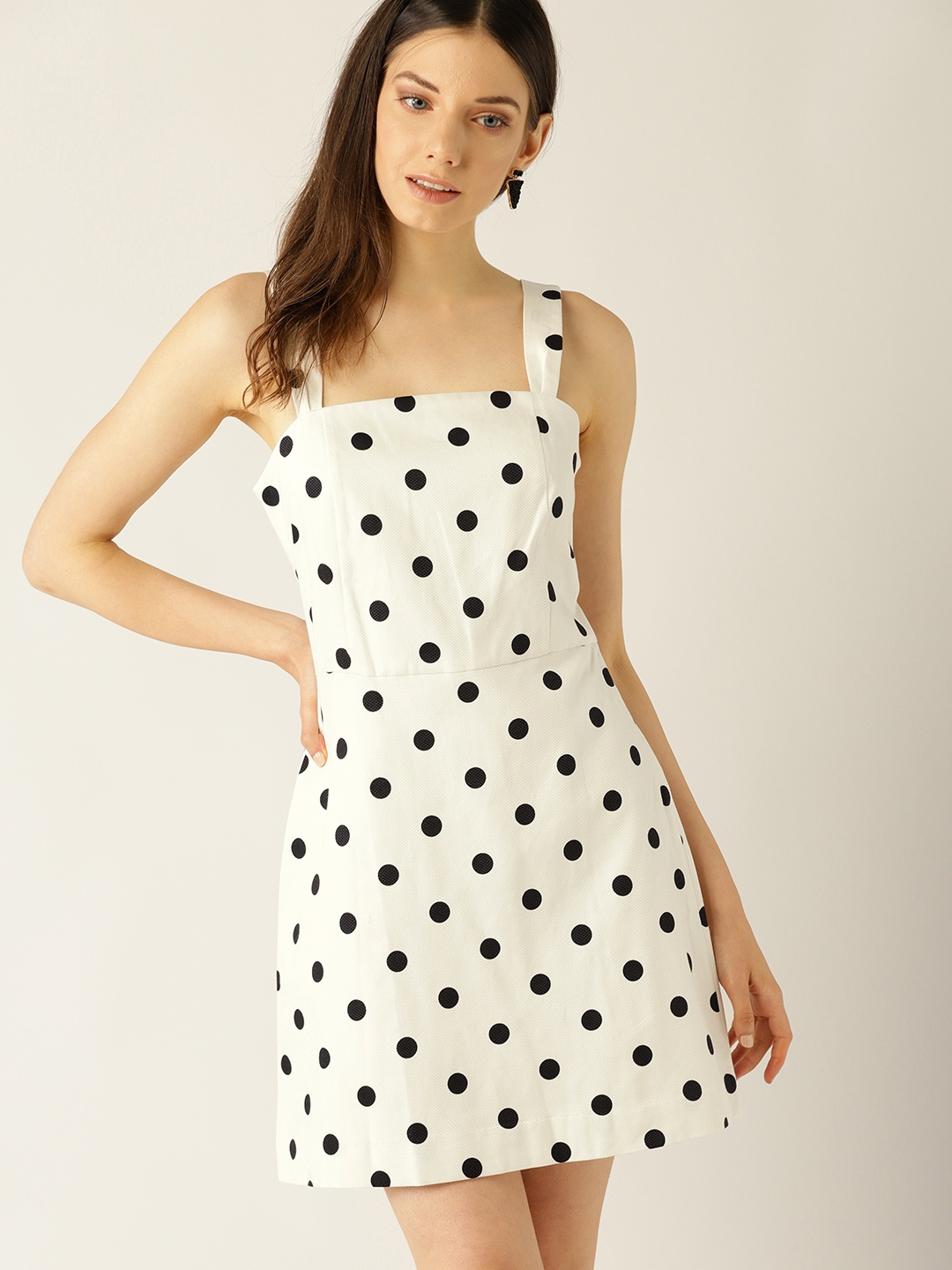 

MANGO Women White & Black Polka Dot Print A-Line Dress