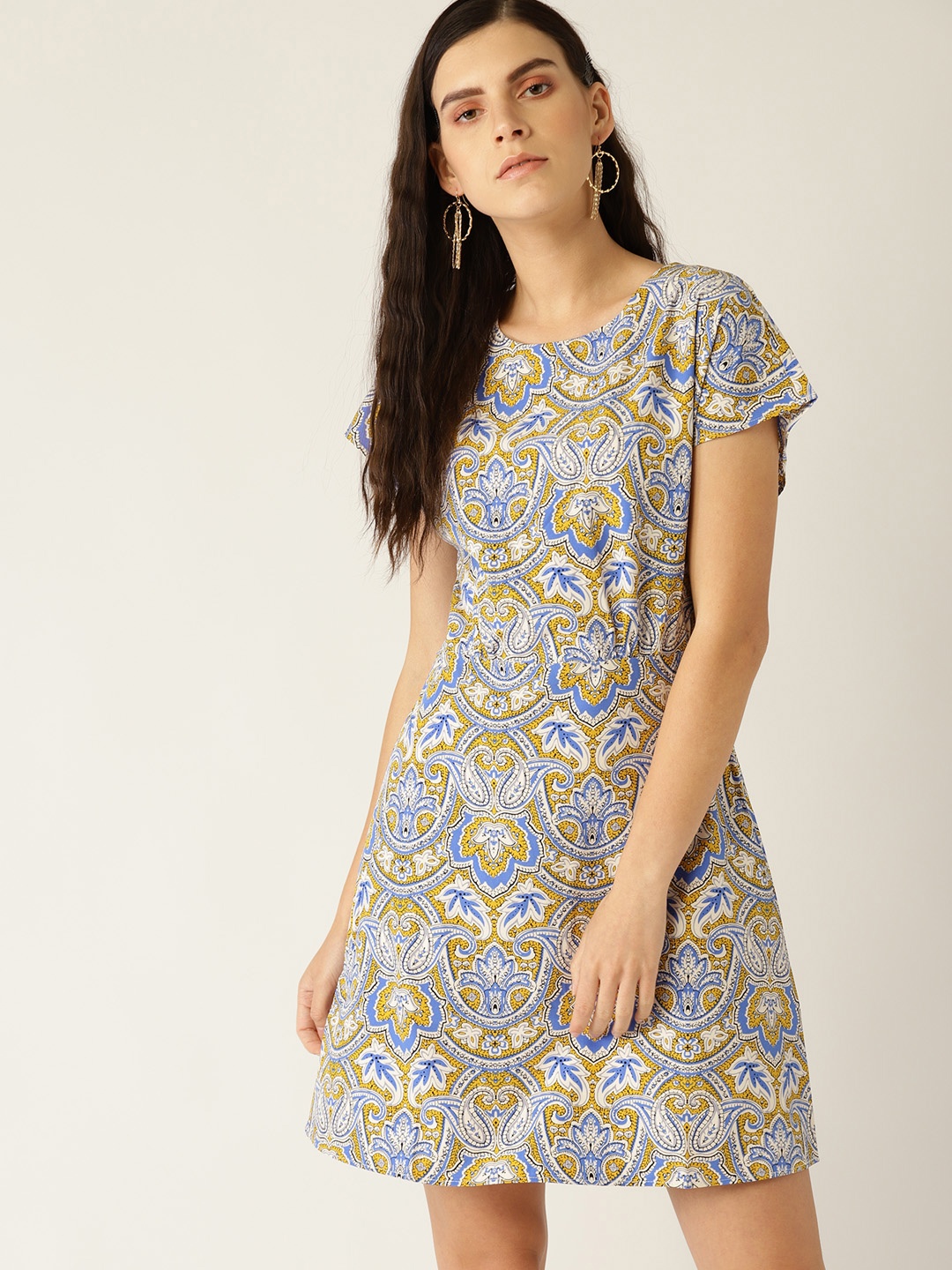 

MANGO Women White & Blue Printed A-Line Dress