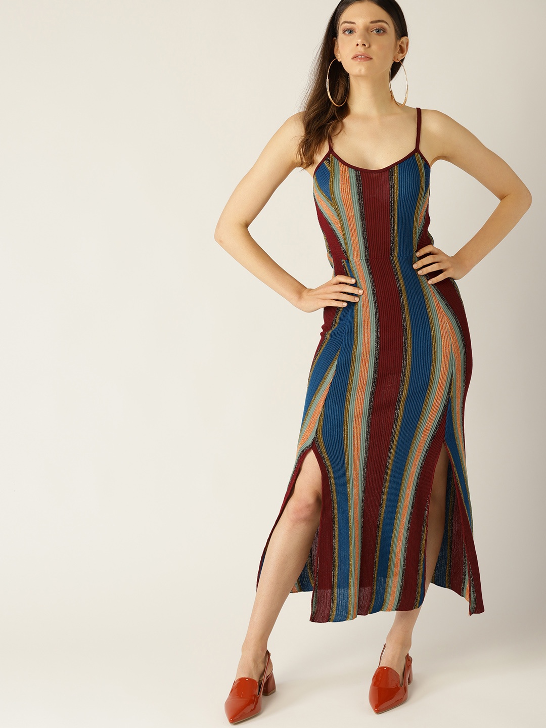 

MANGO Women Multicoloured Striped A-Line Dress, Multi