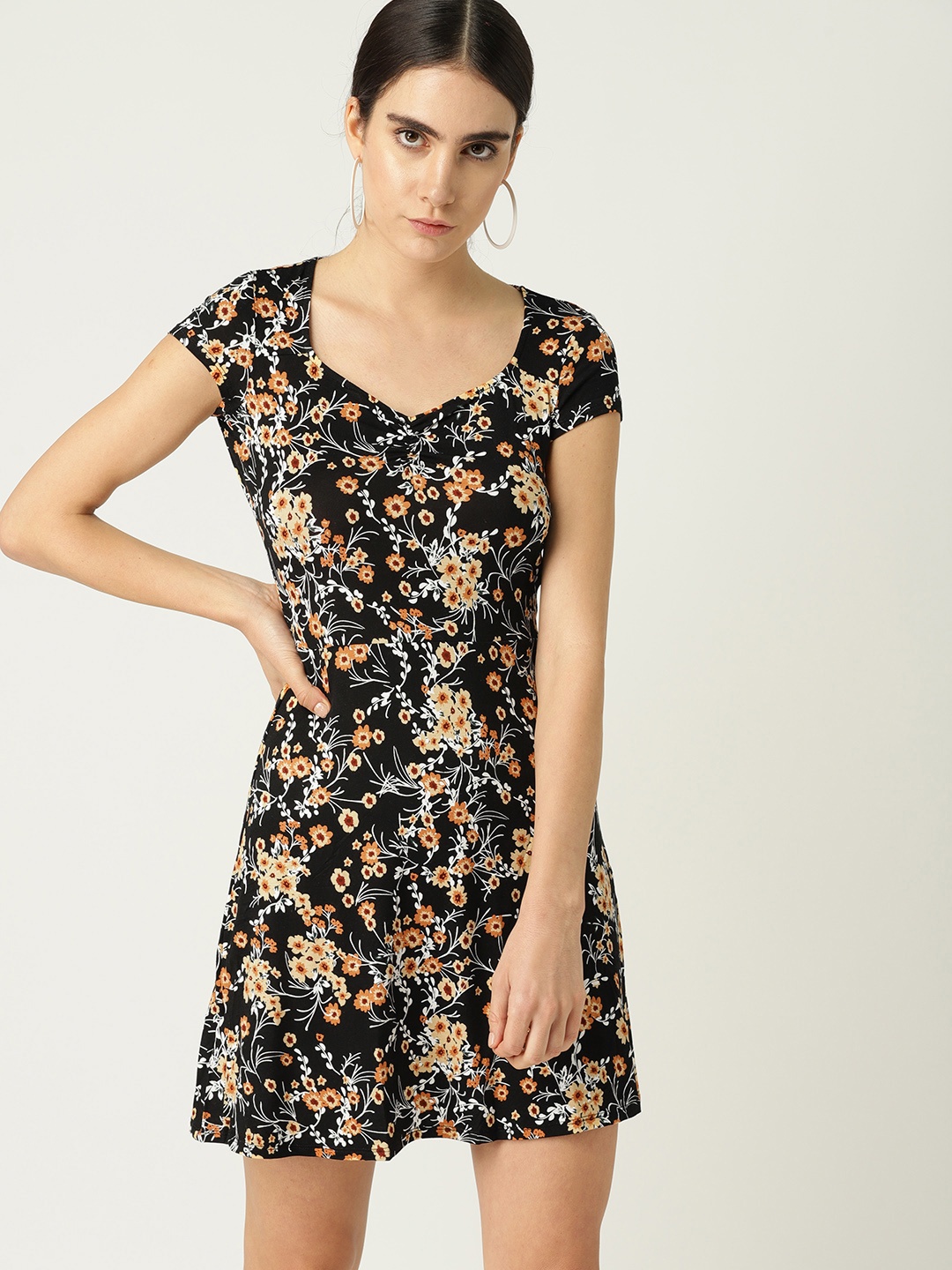 

MANGO Women Black & Beige Floral Print A-Line Dress