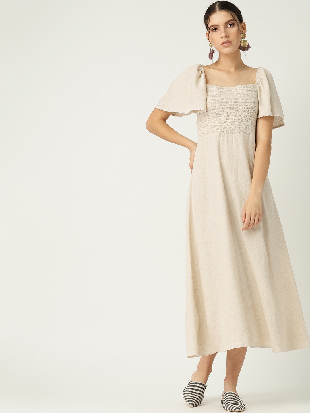 

MANGO Women Beige Solid A-Line Dress