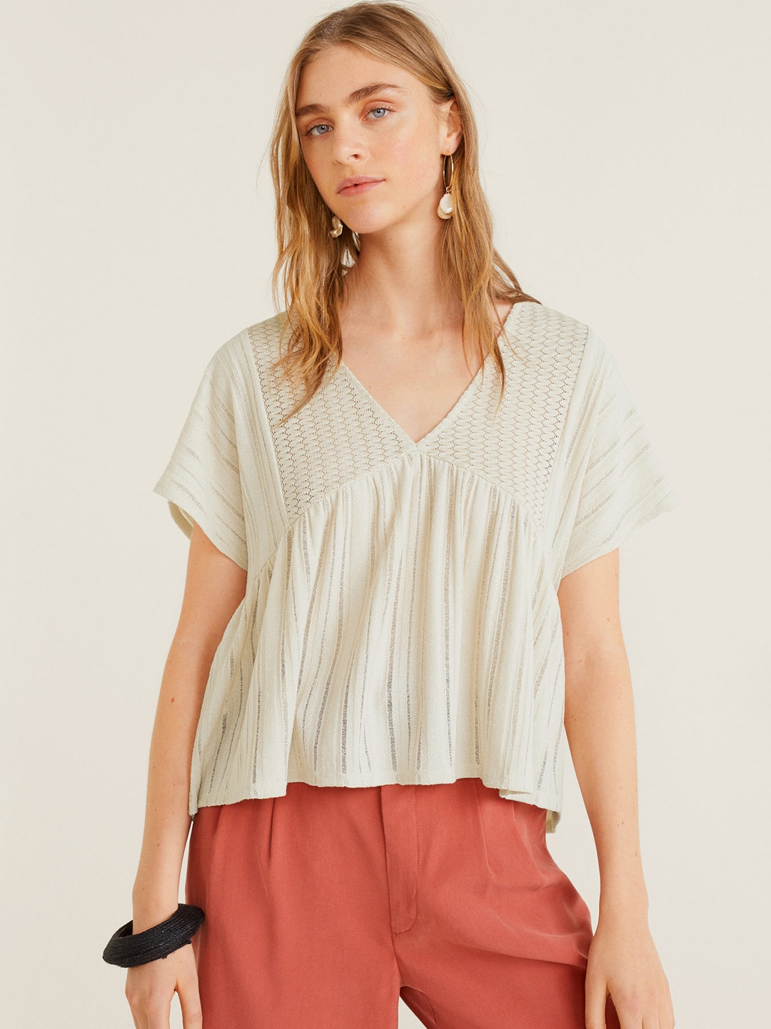 

MANGO Women Off-White Self Design Semi Sheer A-Line Top