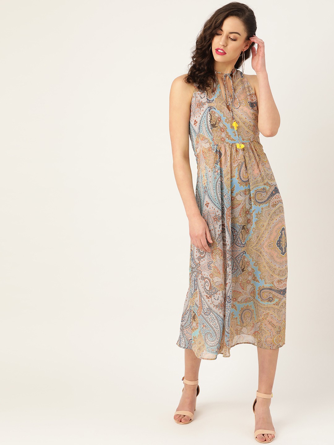 

MANGO Women Beige & Blue Printed A-Line Dress